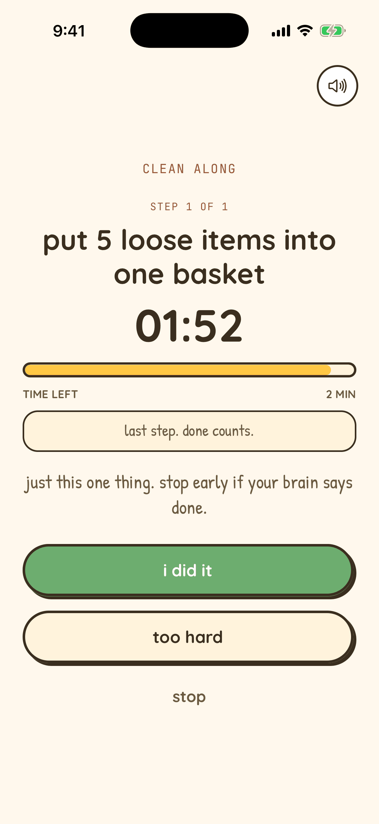 Nudge first-task session on iPhone showing a two-minute task to put five loose items into one basket