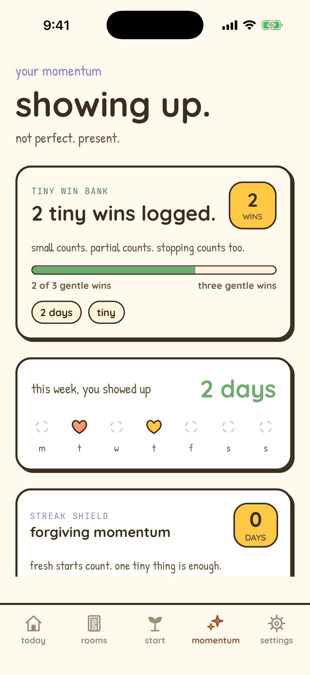 Nudge Momentum screen on iPhone showing two tiny wins without daily scorekeeping