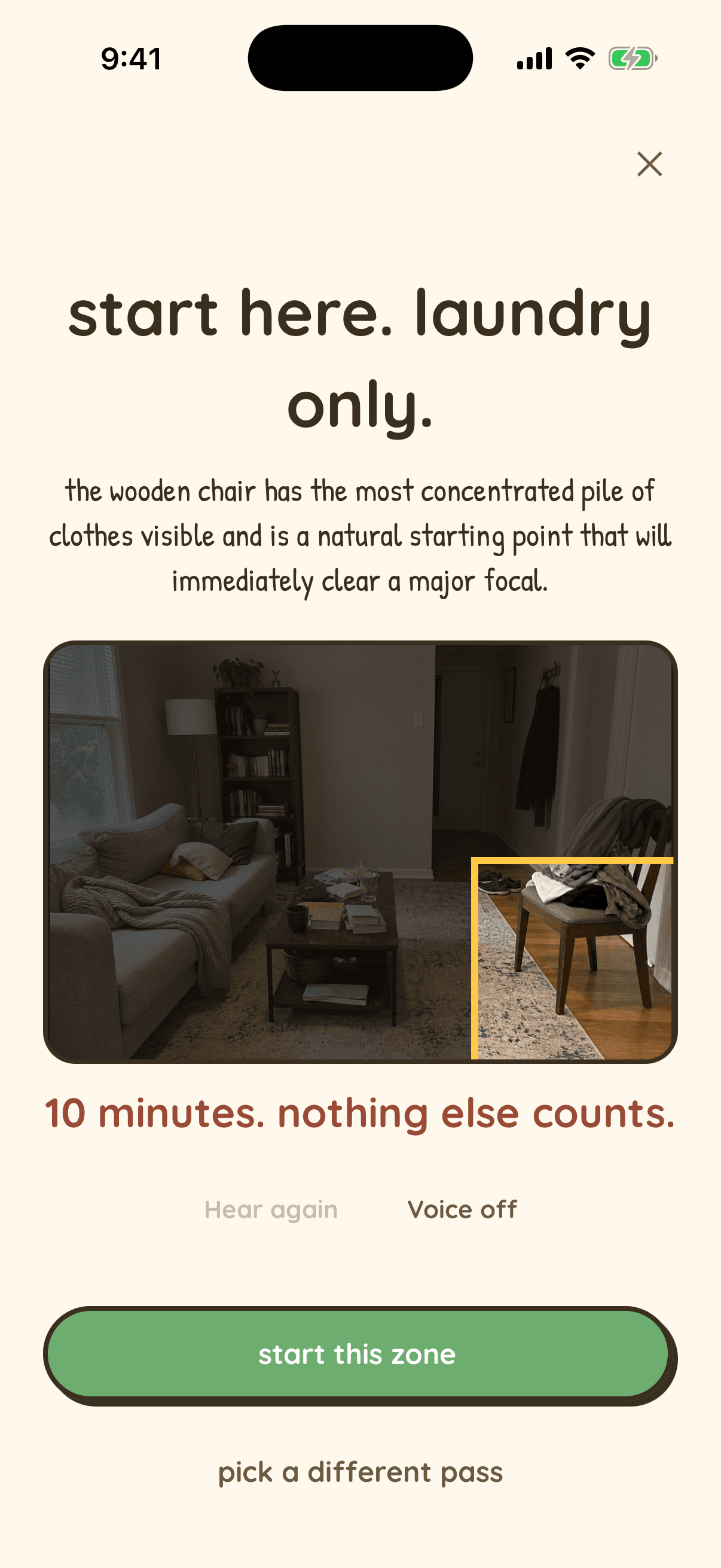 Nudge Scan Mess result on iPhone spotlighting one laundry zone in a room photo