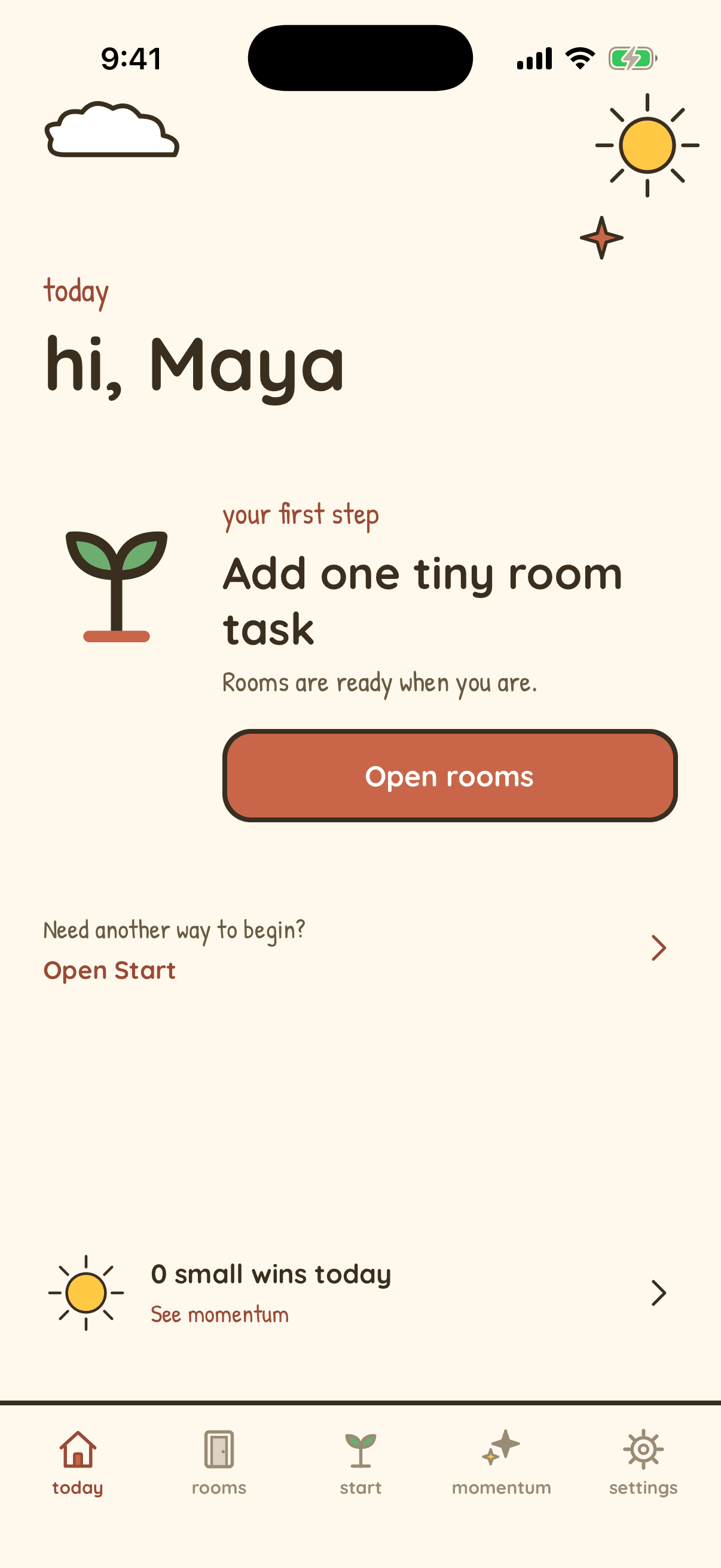 Nudge Today screen on iPhone greeting Maya and offering one clear first step
