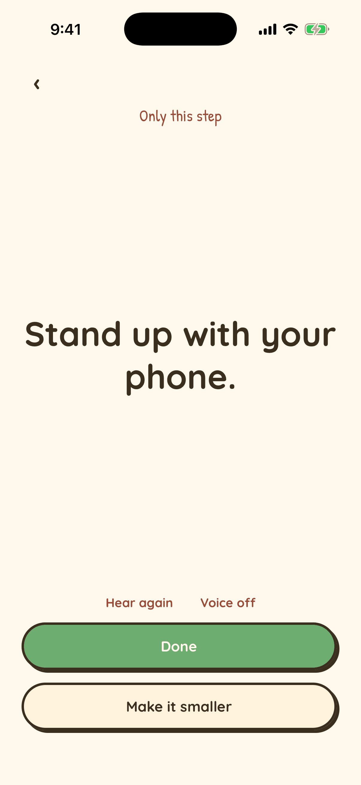 Nudge Rescue screen on iPhone giving the spoken physical step Stand up with your phone
