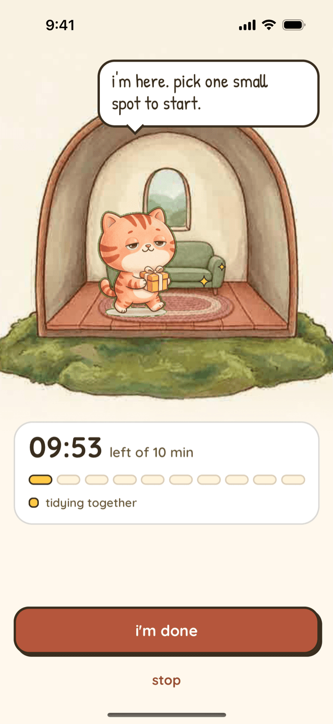 Clean with Mochi on iPhone: Mochi carries a small gift across an arched room with a green sofa and says i'm here. pick one small spot to start. Below, 09:53 left of 10 minutes, ten progress pips with the first one lit, and the label tidying together, then I'm done and Stop.