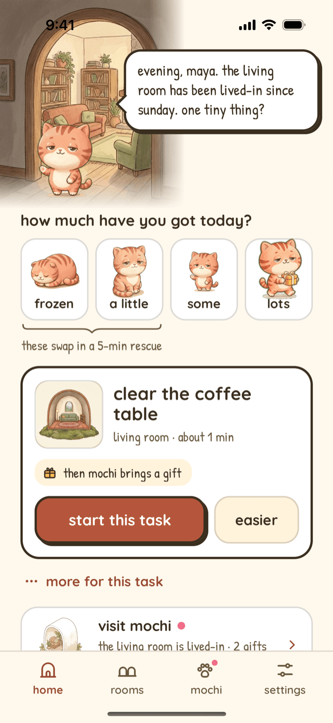 Nudge home screen on iPhone. Mochi stands in the living room doorway and says: evening, maya. the living room has been lived-in since sunday. one tiny thing? Below it, how much have you got today? with four Mochi choices, frozen, a little, some and lots, and a note that frozen and a little swap in a 5-min rescue. Then the next step, Clear the coffee table, living room, about 1 minute, then Mochi brings a gift, with Start this task and Easier buttons, More for this task, and a Visit Mochi card: the living room is lived-in, 2 gifts.