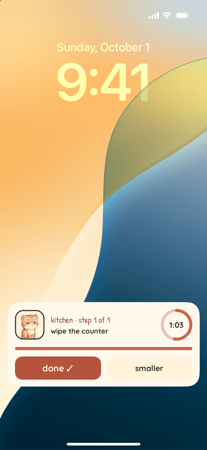 iPhone lock screen at 9:41 with the Nudge Live Activity: a tile with Mochi, kitchen, step 1 of 1, wipe the counter, a ring showing 1:03 left, a step bar, and done and smaller buttons.