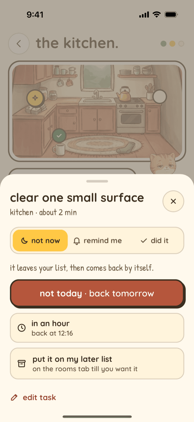 Nudge task sheet on iPhone over the kitchen page: Clear one small surface, kitchen, about 2 minutes, with not now selected beside remind me and did it. It says it leaves your list, then comes back by itself, above a Not today, back tomorrow button, In an hour, back at 12:16, Put it on my later list, on the rooms tab till you want it, and Edit task.