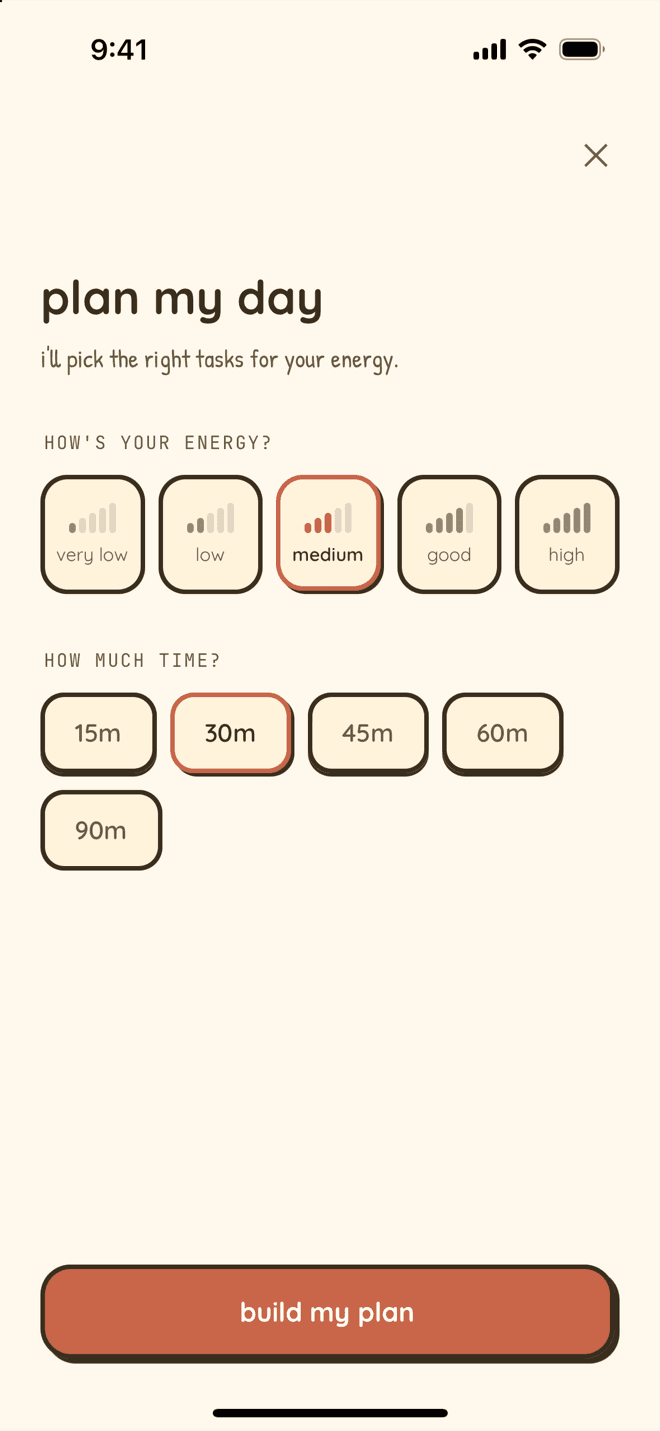 Nudge Plan my day on iPhone: I'll pick the right tasks for your energy. How's your energy, from very low to high with medium selected, how much time, from 15 to 90 minutes with 30 selected, and a Build my plan button.