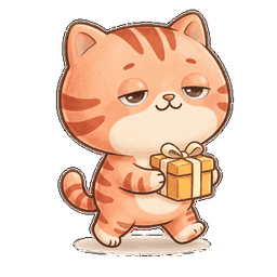 Mochi the cat carrying a wrapped gift