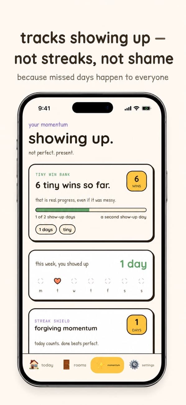 Nudge momentum screen showing tiny wins and flexible showing-up days without a daily streak