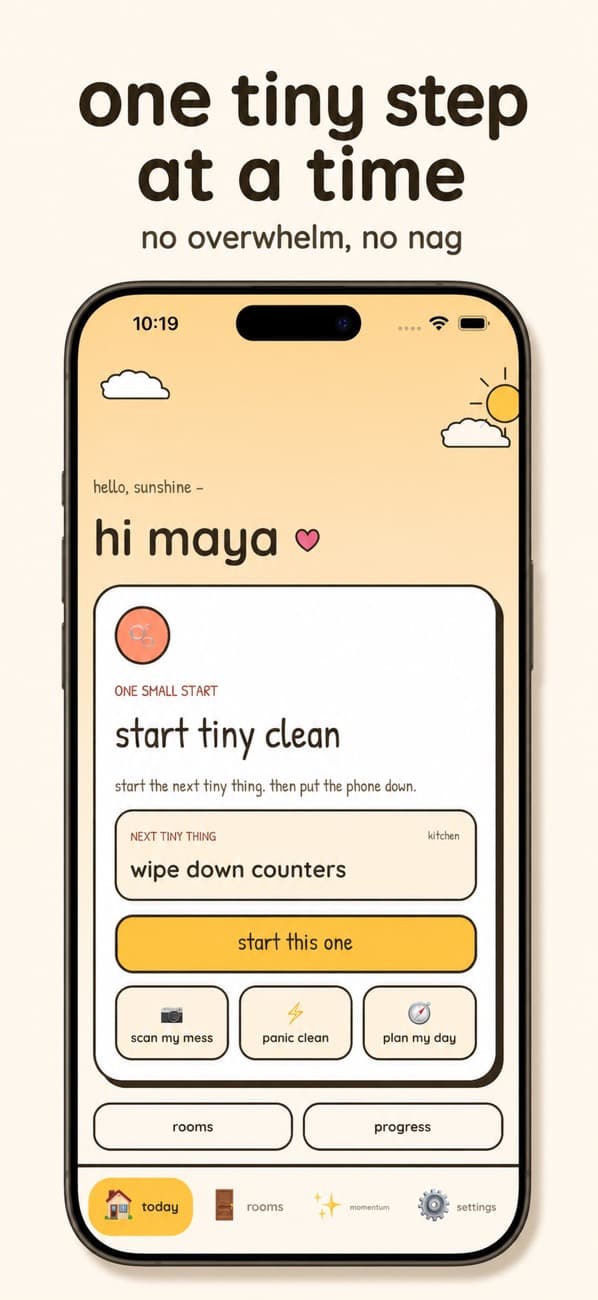 Nudge iPhone home screen offering one tiny cleaning task and shortcuts for Scan My Mess, Panic Clean, and planning