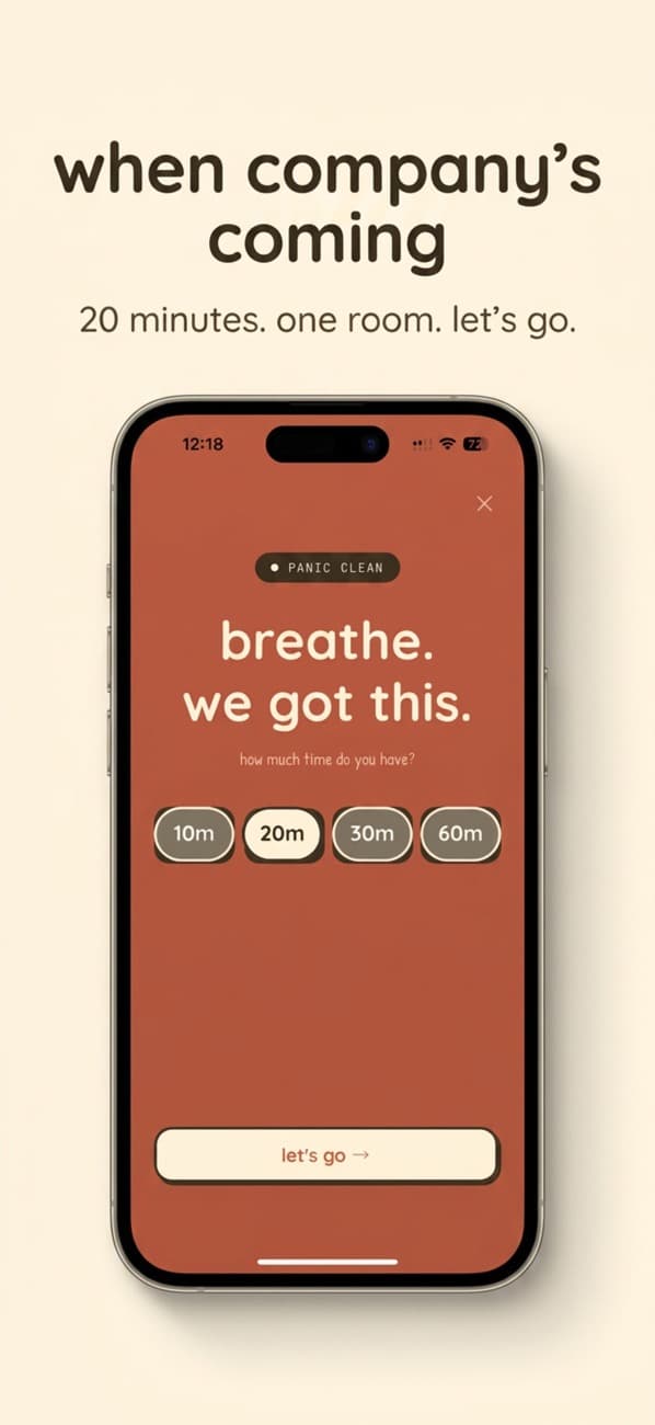 Nudge Panic Clean screen with 10, 20, 30, and 60 minute guest-ready cleaning options