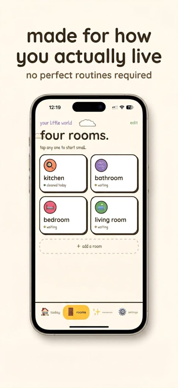 Nudge iPhone room planner showing separate kitchen, bathroom, bedroom, and living room cards