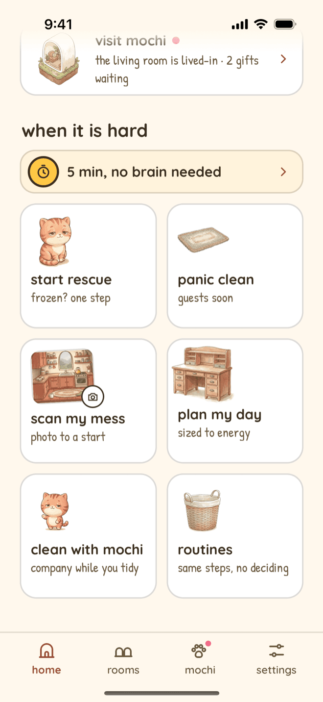 Nudge home on iPhone, scrolled below the Visit Mochi card to when it is hard: a 5 min, no brain needed bar, then six tiles: Start rescue, frozen? one step; Panic clean, guests soon; Scan my mess, photo to a start; Plan my day, sized to energy; Clean with Mochi, company while you tidy; and Routines, same steps, no deciding.